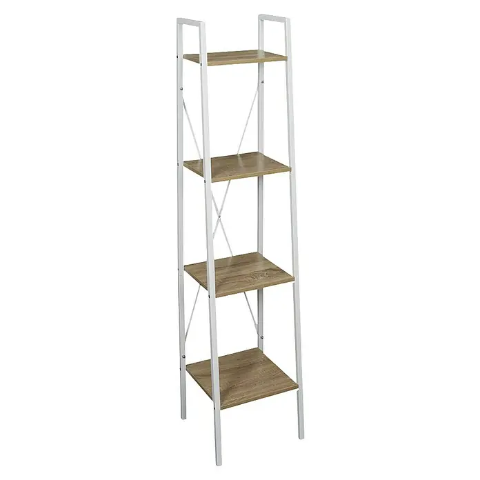 Home Deco Factory Estantería de madera Natural Crush - L x An x Al: 32 x 34 x 148 cm, Blanco - Vista del producto de una estantería blanca con cuatro estantes de madera. La estantería presenta un diseño de escalera moderno y elegante para almacenaje.