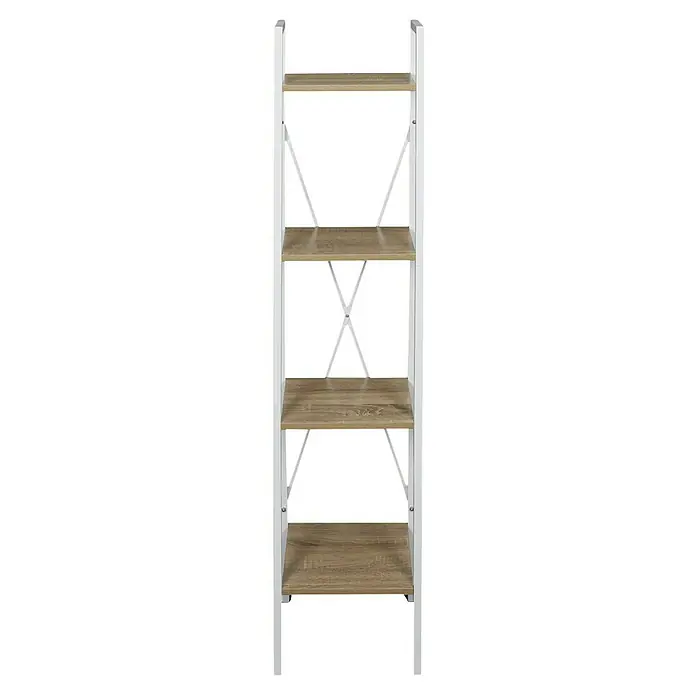 Home Deco Factory Estantería de madera Natural Crush - L x An x Al: 32 x 34 x 148 cm, Blanco - Una estantería de pie con cuatro estantes de madera y una estructura metálica blanca, ideal para organizar libros y exhibir objetos decorativos.