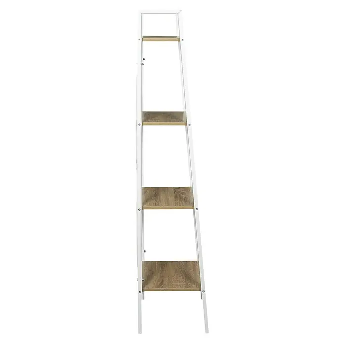 Home Deco Factory Estantería de madera Natural Crush - L x An x Al: 32 x 34 x 148 cm, Blanco - La imagen muestra una estantería de escalera blanca con cuatro estantes de aspecto de madera. La estantería está sobre un fondo negro.