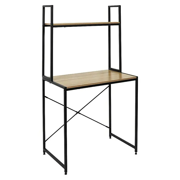 Home Deco Factory Escritorio con estantería Bristot Indus - L x An x Al: 48 x 80 x 145 cm, Negro/Roble - Elegante escritorio con aspecto de madera y estructura metálica negra con estantería. Ideal para la oficina o el despacho en casa.