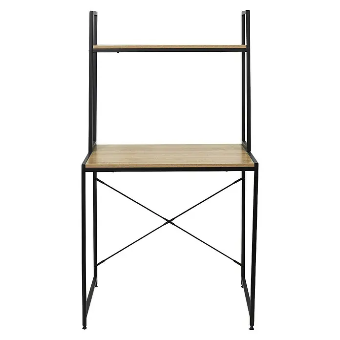 Home Deco Factory Escritorio con estantería Bristot Indus - L x An x Al: 48 x 80 x 145 cm, Negro/Roble - Elegante escritorio con estante de aspecto de madera y estructura metálica negra para un estudio u oficina modernos.
