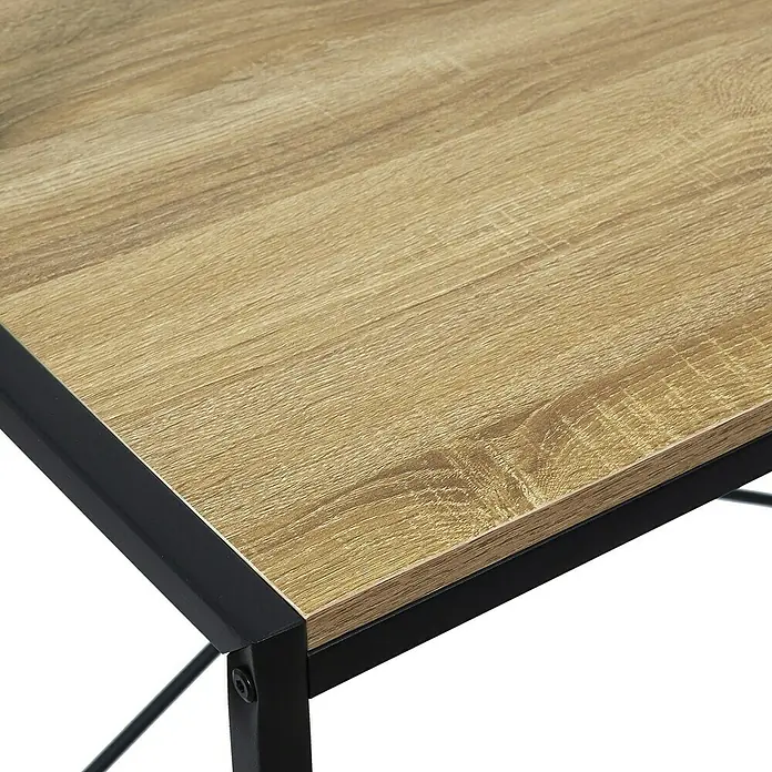 Home Deco Factory Escritorio con estantería Bristot Indus - L x An x Al: 48 x 80 x 145 cm, Negro/Roble - Primer plano de la tapa de la mesa de madera con estructura metálica negra, que muestra un diseño moderno e industrial.