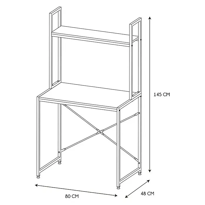 Home Deco Factory Escritorio con estantería Bristot Indus - L x An x Al: 48 x 80 x 145 cm, Negro/Roble - Un dibujo estilizado de un escritorio moderno con estantes, incluidas las indicaciones de dimensiones de ancho, profundidad y altura.