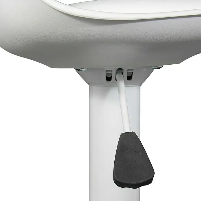 Home Deco Factory Taburete de cocina Isak - Altura: 104 mm, Blanco - Detalle de un taburete de bar blanco con palanca negra para ajustar la altura, combinando confort y funcionalidad.