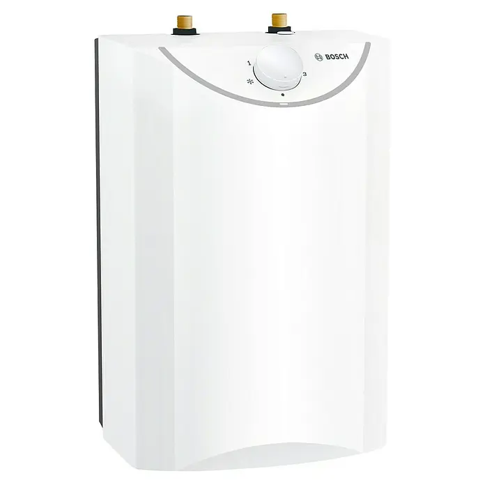 Bosch Warmwasserspeicher Tronic Store Advanced - 5 l, 2.200 W, Temperaturbereich: 35 °C - 85 °C, Untertischmontage - Produktaufnahme eines weißen Bosch Warmwasserbereiters mit Bedienelementen und Anschlüssen, ideal für den sofortigen Warmwasserbedarf.