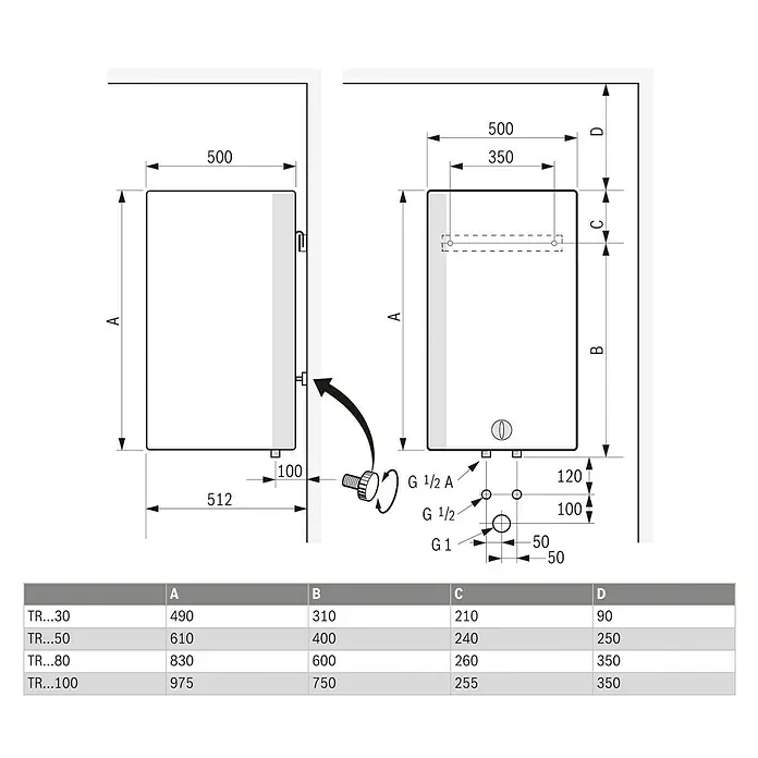 Bosch Warmwasserspeicher Tronic Plus - 50 l, 2.000 W, Temperaturbereich: 35 °C - 75 °C, Wandmontage - Abbildung der TR-Warmwasserbereiter-Serie mit Maßangaben zu Montage und Anschlüssen, inklusive Tabelle mit spezifischen Abmessungen.