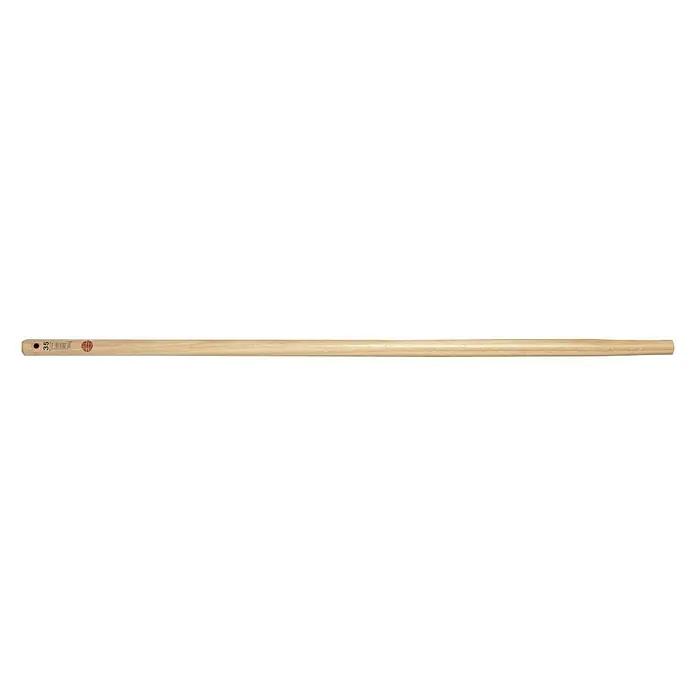 Mango para raedera 35 - Largo: 120 cm - Primer plano de un mango de madera largo y claro con un agujero y una etiqueta en un extremo, ideal como repuesto.