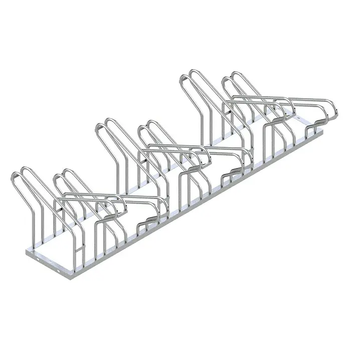 Schake Fahrradständer - L x B x H: 210 x 60 x 51 cm, Passend für: 12 Fahrräder, Beidseitige Radeinstellung - Das Bild zeigt einen Fahrradständer aus Metall mit mehreren Stellplätzen für Fahrräder. Der Ständer ist silbern und steht auf einem weißen Hintergrund.