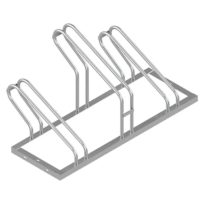 Schake Fahrradständer - L x B x H: 105 x 50 x 51 cm, Passend für: 3 Fahrräder, Einseitige Radeinstellung - Ein silberner Fahrradständer für drei Fahrräder, ideal für den Außenbereich und zur sicheren Aufbewahrung von Fahrrädern.