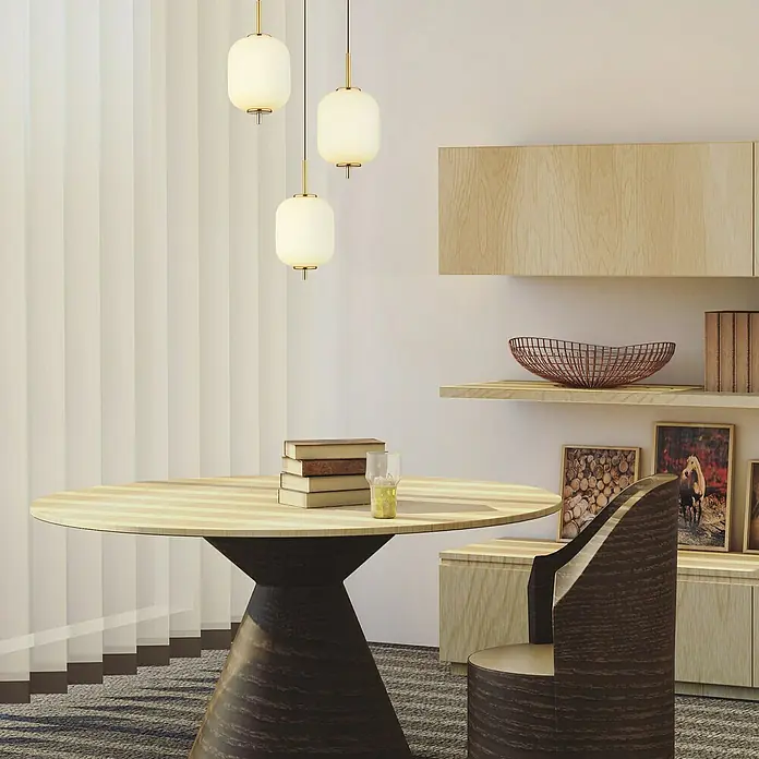 Globo Ewald LED-Pendelleuchte - 20 W, Warmweiß, Weiß, Ø x H: 37,5 x 220 cm, 3 Stk. - Das Bild zeigt eine stilvolle Einrichtung mit einem runden Tisch, Bücherstapel und Pendelleuchten, die eine gemütliche Atmosphäre schaffen.