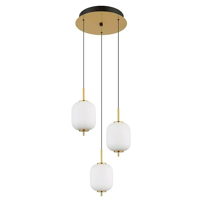 Globo Ewald LED-Pendelleuchte - 20 W, Warmweiß, Weiß, Ø x H: 37,5 x 220 cm, 3 Stk. - Elegante Hängeleuchte mit drei Lampenschirmen in Weiß und goldenen Akzenten, die ein modernes und stilvolles Ambiente erzeugt.
