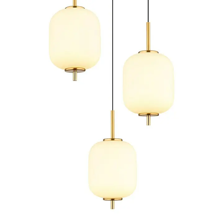 Globo Ewald LED-Pendelleuchte - 20 W, Warmweiß, Weiß, Ø x H: 37,5 x 220 cm, 3 Stk. - Nahaufnahme von einer dekorativen Pendelleuchte mit drei runden Lampenschirmen und goldenen Akzenten.