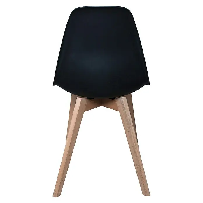 Home Deco Factory Silla Stockholm - Negro, 4 pzs. - Una silla con asiento negro y patas de madera clara, vista desde atrás.