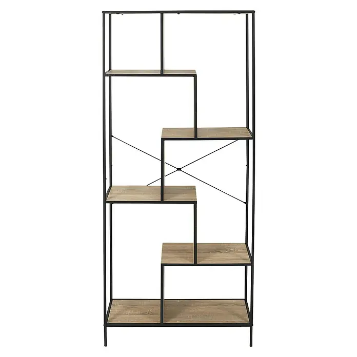 Home Deco Factory Estantería de madera Edison - L x An x Al: 30 x 80 x 180 cm, Negro - La imagen muestra una estantería moderna con estantes de madera y estructura metálica negra. Ofrece mucho almacenamiento y un diseño elegante.