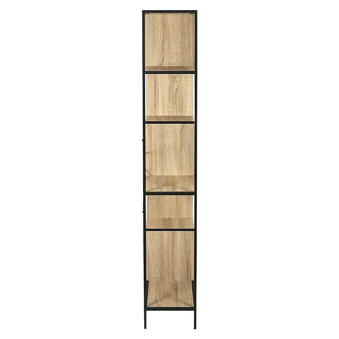 Home Deco Factory Estantería de madera Edison - L x An x Al: 30 x 80 x 180 cm, Negro - Esta imagen muestra una estantería delgada con un acabado de aspecto de madera y marco de metal negro, ideal para soluciones de almacenamiento elegantes.