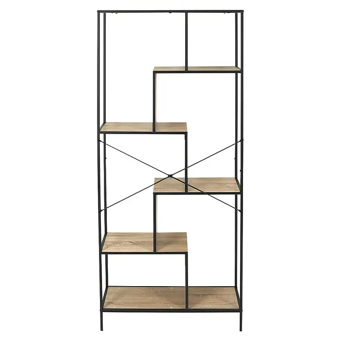 Home Deco Factory Estantería de madera Edison - L x An x Al: 30 x 80 x 180 cm, Negro - Elegante estantería tipo escalera con aspecto de madera y estructura metálica negra, ideal para espacios de vida y trabajo, con almacenaje versátil.