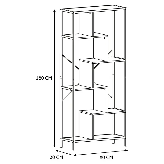 Home Deco Factory Estantería de madera Edison - L x An x Al: 30 x 80 x 180 cm, Negro - Imagen de una estantería en forma de escalera, de 180 cm de alto, 30 cm de fondo y 80 cm de ancho.