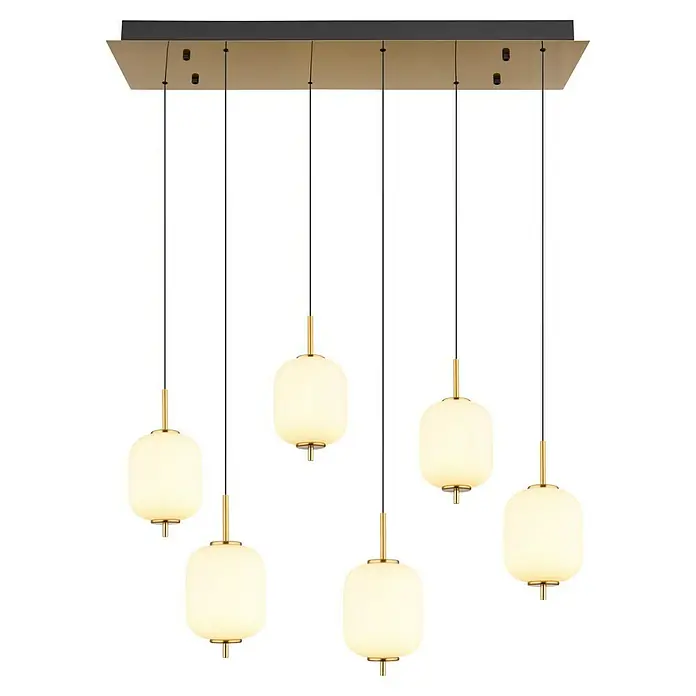 Globo Ewald LED-Pendelleuchte - 20 W, Warmweiß, Weiß, Ø x H: 13,5 x 220 cm, 6 Stk. - Elegante Hängelampe mit sechs runden Lampenschirmen und goldfarbenen Akzenten für eine stilvolle Beleuchtung.