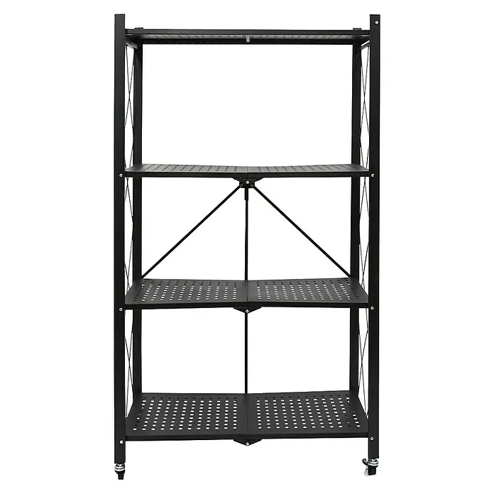 Home Deco Factory Estantería metálica Bristot Indus - L x An x Al: 34 x 71 x 127 cm, Capacidad de carga: 40 kg, Negro - En la imagen, una estantería negra plegable de cuatro niveles con ruedas para facilitar el desplazamiento.