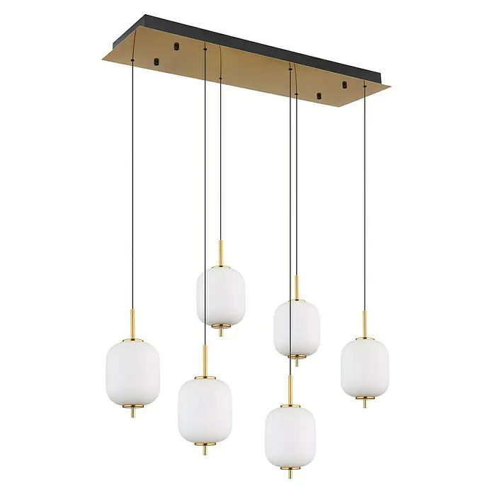 Globo Ewald LED-Pendelleuchte - 20 W, Warmweiß, Weiß, Ø x H: 13,5 x 220 cm, 6 Stk. - Elegante Pendelleuchte mit sechs weißen Glaskugeln und goldenen Akzenten. Stilvolle Beleuchtung für modernes Ambiente.