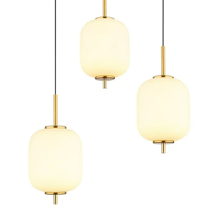 Globo Ewald LED-Pendelleuchte - 20 W, Warmweiß, Weiß, Ø x H: 13,5 x 220 cm, 6 Stk. - Drei elegante Pendelleuchten mit opalweißen Glasschirmen und goldenen Akzenten, die ein warmes, einladendes Licht verbreiten.