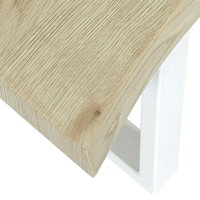 Home Deco Factory Mesa de comedor Nude Palette - L x An x Al: 75 x 110 x 75 cm, Blanco/Pino - Primer plano de una mesa con una textura de madera clara y una pata de mesa rectangular blanca.