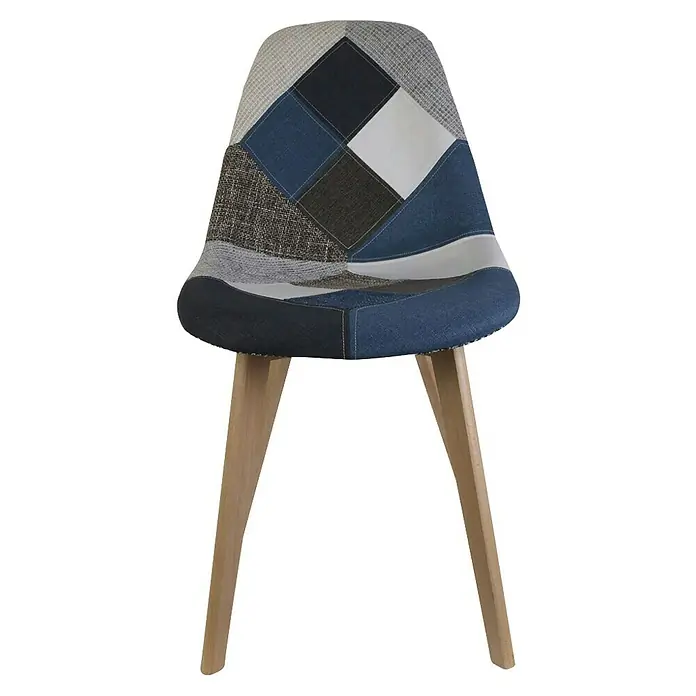 Home Deco Factory Silla Patchwork - Azul/Gris, 4 pzs. - Silla tapizada de patchwork con patas de madera, un mueble elegante que combina comodidad y diseño moderno, ideal para comedor o espacio de trabajo.