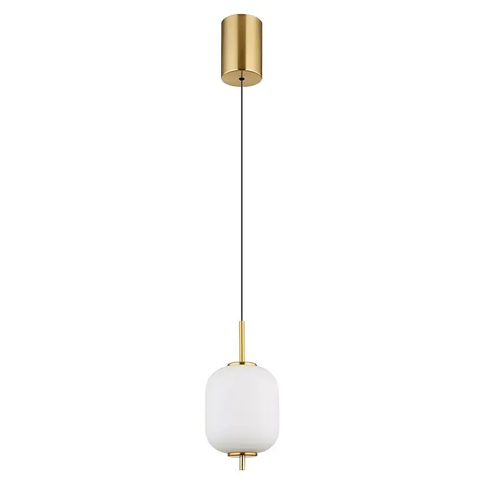 Globo Ewald LED-Pendelleuchte - 6 W, Warmweiß, Weiß, Ø x H: 13,5 x 220 cm, 1 Stk. - Elegante Pendelleuchte mit einem goldenen Zylinder, einem schlanken schwarzen Kabel und einer abgerundeten weißen Glaskugel für stilvolle Beleuchtung.