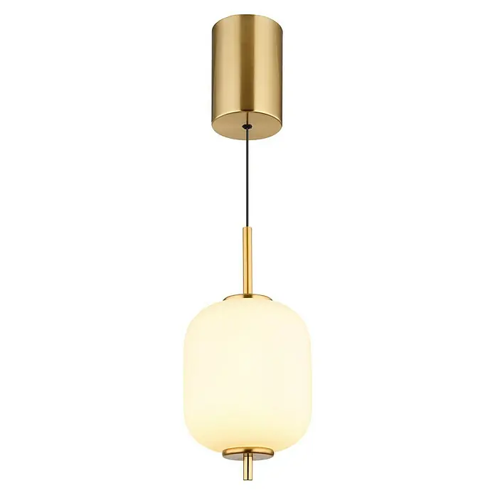 Globo Ewald LED-Pendelleuchte - 6 W, Warmweiß, Weiß, Ø x H: 13,5 x 220 cm, 1 Stk. - Elegante Pendelleuchte mit einem goldenen Gehäuse und einem kugelförmigen, weißen Lampenschirm, die ein warmes, einladendes Licht verbreitet.