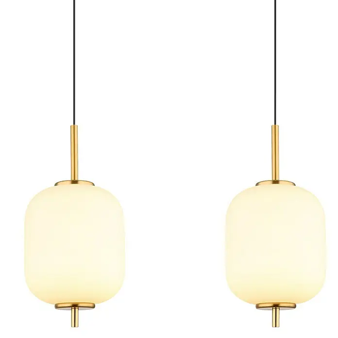 Globo Ewald LED-Pendelleuchte - 20 W, Warmweiß, Weiß, Ø x H: 13,5 x 220 cm, 4 Stk. - Zwei moderne Pendelleuchten mit Milchglasschirmen und goldenen Akzenten, die ein warmes Licht ausstrahlen.\n
