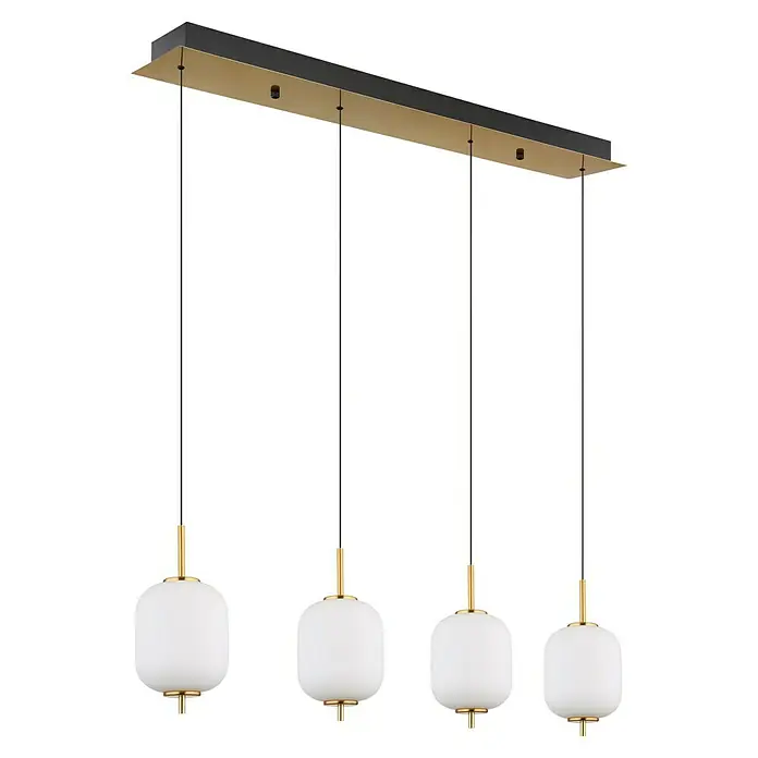 Globo Ewald LED-Pendelleuchte - 20 W, Warmweiß, Weiß, Ø x H: 13,5 x 220 cm, 4 Stk. - Moderne Pendelleuchte mit vier weißen Glasschirmen und goldfarbenen Akzenten, ideal für stilvolle Beleuchtung.