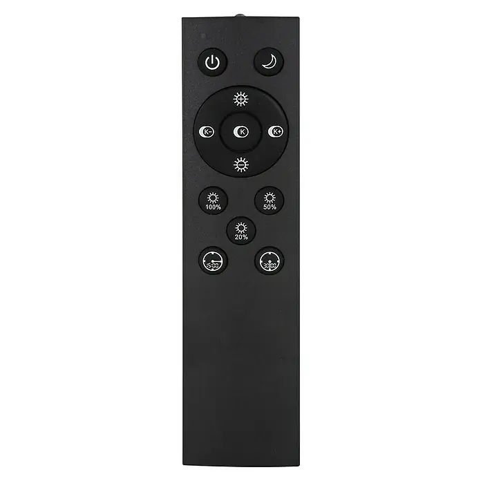 Globo LED-Pendelleuchte Grekkie - 40 W, L x B x H: 171 x 7 x 120 cm, Holzoptik, Mehrfarbig - Nahaufnahme einer schwarzen Fernbedienung für Lampen mit verschiedenen Einstellungen für Lichtintensität und Timer.