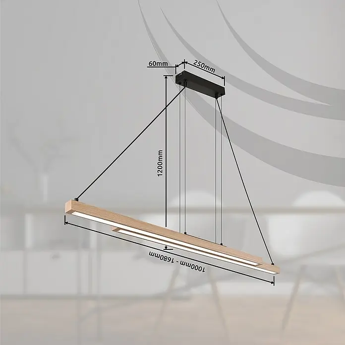 Globo LED-Pendelleuchte Grekkie - 40 W, L x B x H: 171 x 7 x 120 cm, Holzoptik, Mehrfarbig - Modernes LED-Pendelleuchten-Design mit Holzstruktur und schwarzen Akzenten. Die Lampe besticht durch ihre klaren Linien und die harmonische Materialkombination.