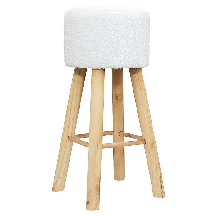 Home Deco Factory Taburete rizado Freya - Blanco - El taburete presenta un asiento blanco y suave y una estructura robusta de madera, que combina confort con encanto rústico.