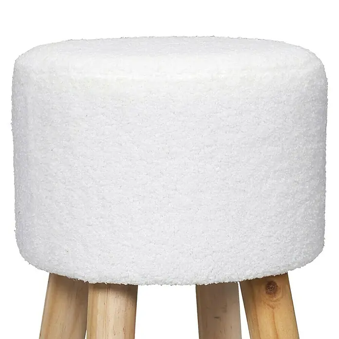 Home Deco Factory Taburete rizado Freya - Blanco - Taburete redondo tapizado en bucle blanco con patas de madera clara para un ambiente moderno y acogedor.