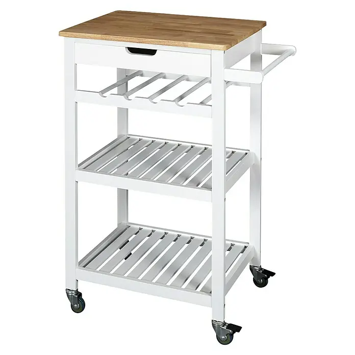 Home Deco Factory Carro de cocina Bristot Indus - L x An x Al: 40 x 62,5 x 85,5 cm, Blanco/Pino - Un carrito de cocina con una tapa de madera, un cajón, un botellero y dos estantes, todo sobre ruedas. El marco está pintado de blanco.