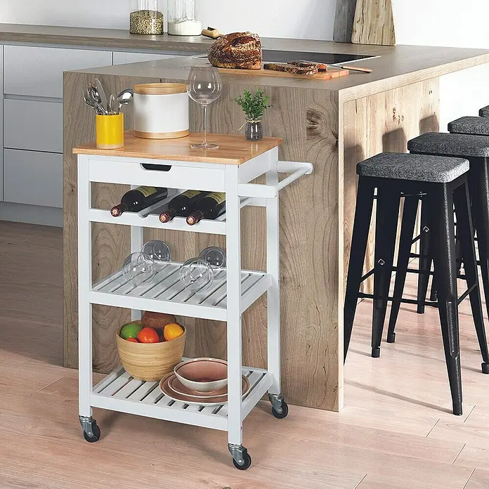 Home Deco Factory Carro de cocina Bristot Indus - L x An x Al: 40 x 62,5 x 85,5 cm, Blanco/Pino - Carrito de cocina con tapa de madera, cajón, botellero, soporte para copas y estante. Práctico para la cocina.