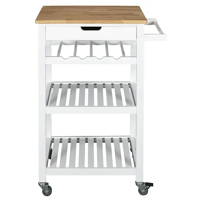Home Deco Factory Carro de cocina Bristot Indus - L x An x Al: 40 x 62,5 x 85,5 cm, Blanco/Pino - Un carrito de cocina blanco con encimera de madera, un cajón, botellero y estantes sobre ruedas.