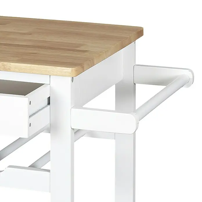 Home Deco Factory Carro de cocina Bristot Indus - L x An x Al: 40 x 62,5 x 85,5 cm, Blanco/Pino - Vista detallada de un carrito de cocina con superficie de madera y estructura blanca, incluyendo un cajón y toallero.