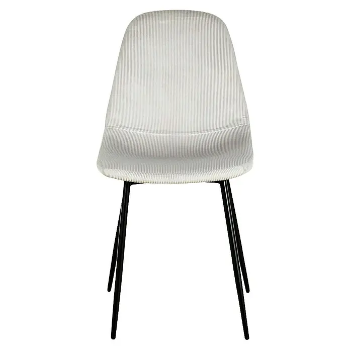 Home Deco Factory Silla Giulia - Gris claro, 4 pzs. - Una silla de pana blanca con patas de metal negro sobre un fondo negro. La silla tiene un diseño moderno y minimalista.