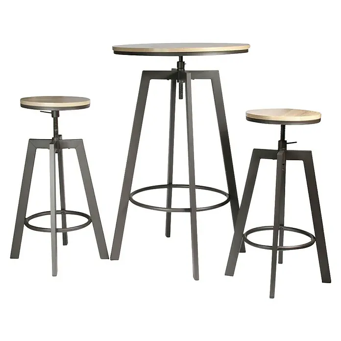 Home Deco Factory Mesa alta con taburetes Bristot Indus - Ø x Al: 64 x 93 cm, Negro/Roble, 3 pzs. - La imagen muestra un conjunto de bar de estilo industrial con una mesa alta y dos taburetes, elaborados con estructura metálica y asientos de madera.
