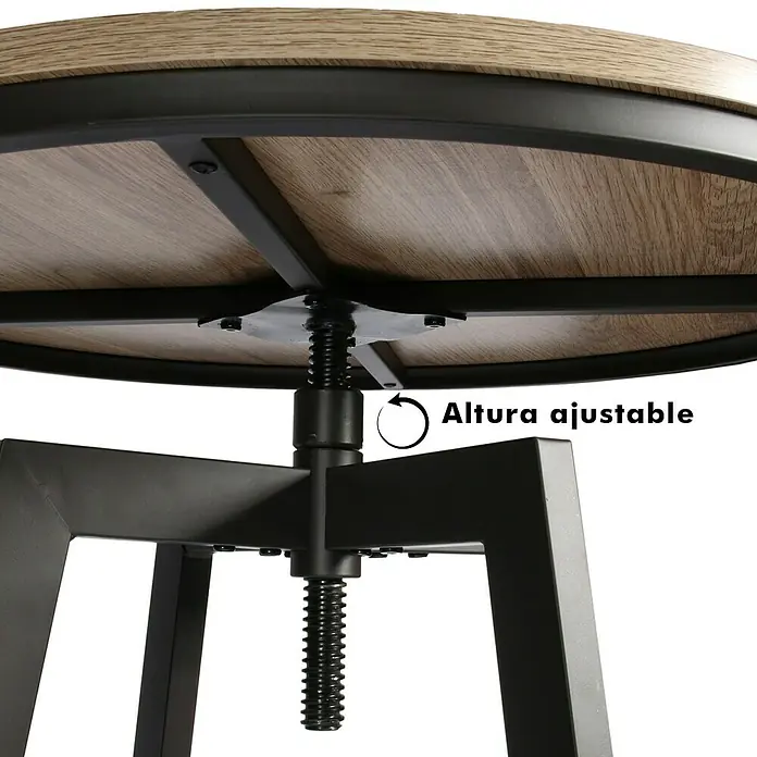 Home Deco Factory Mesa alta con taburetes Bristot Indus - Ø x Al: 64 x 93 cm, Negro/Roble, 3 pzs. - Detalle de una mesa de altura regulable con tapa de madera y estructura de metal negro.
