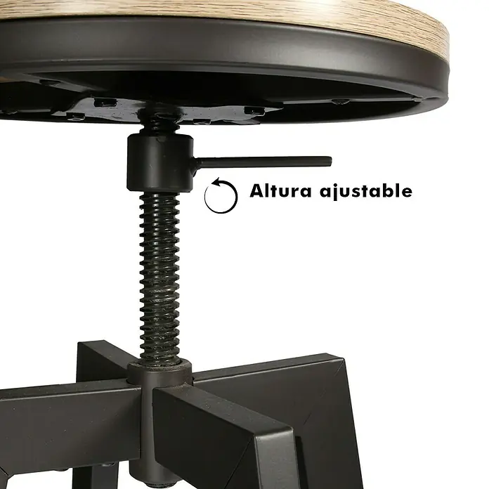 Home Deco Factory Mesa alta con taburetes Bristot Indus - Ø x Al: 64 x 93 cm, Negro/Roble, 3 pzs. - Primer plano de un taburete ajustable con base de metal negro y asiento con aspecto de madera. Mecanismo de ajuste de altura visible.