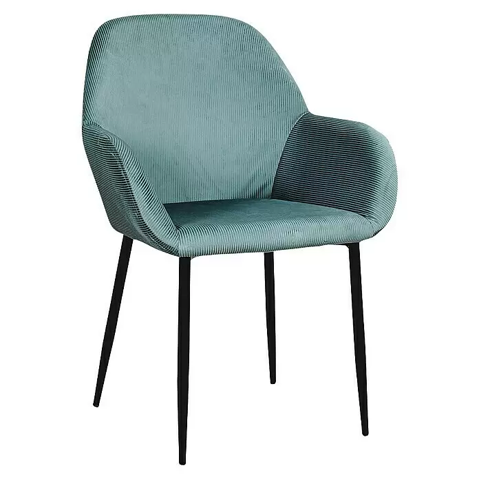 Home Deco Factory Silla butaca Giulia - Azul, 2 pzs. - Silla de comedor de pana azul claro con respaldo y reposabrazos curvos, sobre patas de metal negro.