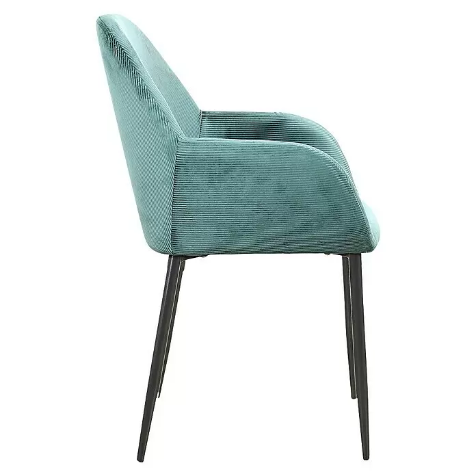 Home Deco Factory Silla butaca Giulia - Azul, 2 pzs. - Sillón de pana color menta con patas de metal oscuro, visto de lado.