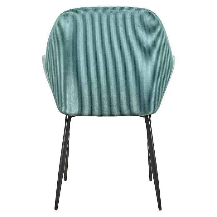 Home Deco Factory Silla butaca Giulia - Azul, 2 pzs. - Silla de pana color verde azulado con patas de metal oscuro, vista desde atrás.