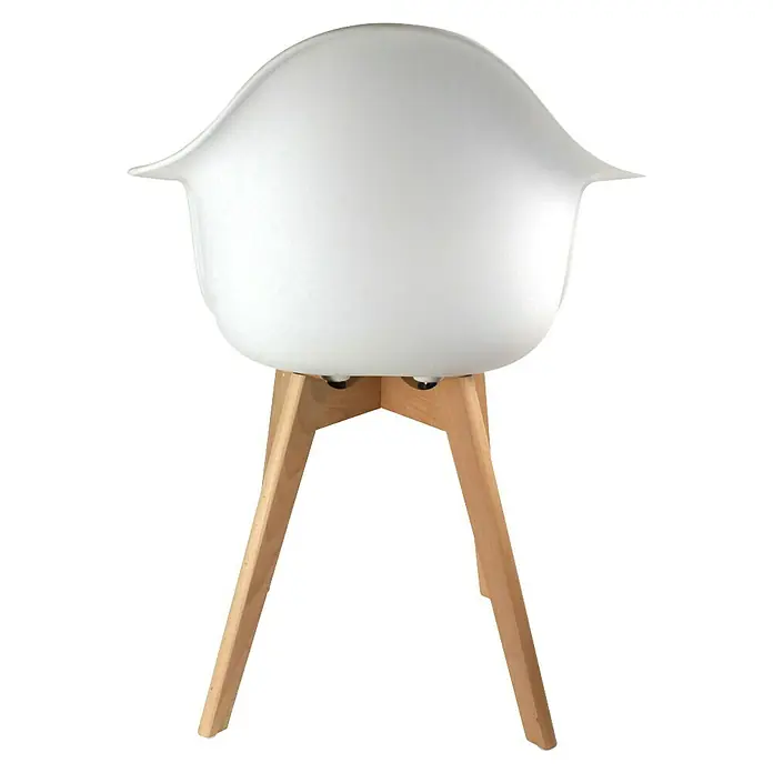 Home Deco Factory Silla butaca Mobilier Design - Blanco, 2 pzs. - Primer plano de una silla blanca con patas de madera sobre un fondo negro.