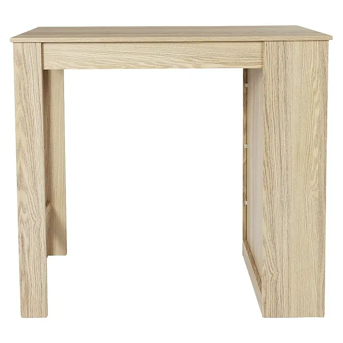 Home Deco Factory Mesa alta Natural Crush - L x An x Al: 50 x 115 x 103 cm, Roble - Una mesa de bar de madera clara con estante y patas robustas para una sala de estar moderna.
