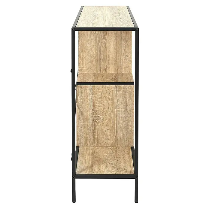 Home Deco Factory Estantería de madera Edison - L x An x Al: 30 x 80 x 79 cm, Negro - La imagen muestra una estantería con tres estantes y una estructura metálica negra. La estantería está hecha de madera clara.
