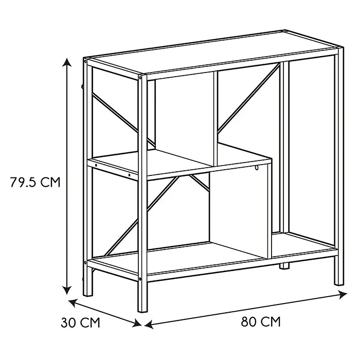 Home Deco Factory Estantería de madera Edison - L x An x Al: 30 x 80 x 79 cm, Negro - Ilustración de una estantería con dimensiones de 79,5 cm de alto, 30 cm de profundidad y 80 cm de ancho.